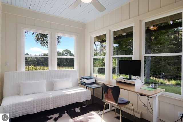 sunroom / solarium featuring ceiling fan