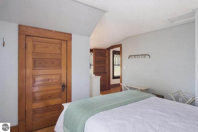 bedroom featuring lofted ceiling