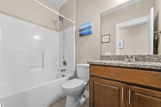 full bathroom with toilet, vanity,  shower combination, and tile patterned flooring