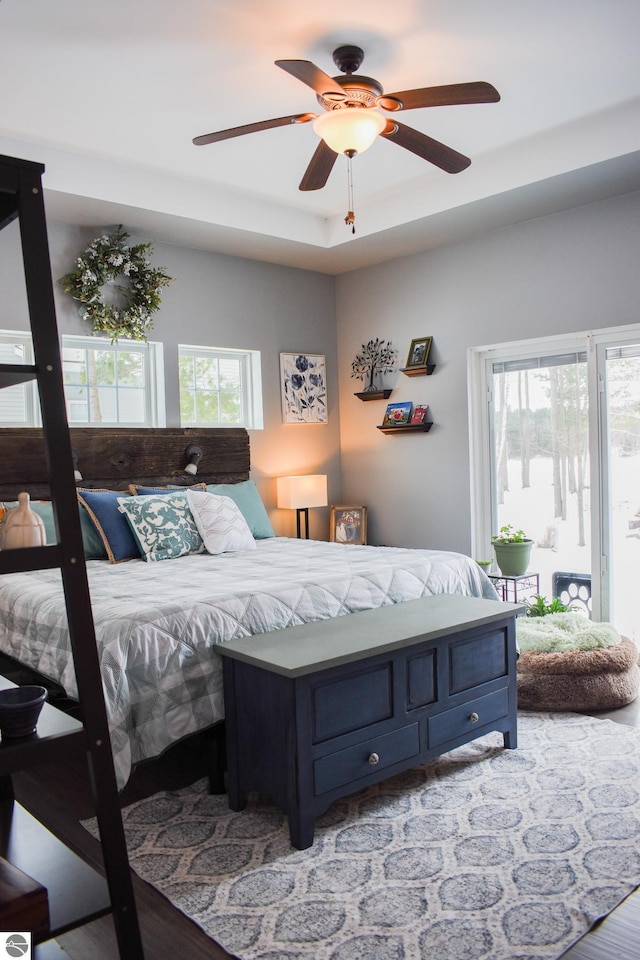 bedroom with ceiling fan, multiple windows, light hardwood / wood-style flooring, and a raised ceiling