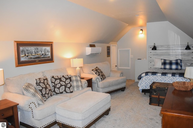 bedroom featuring lofted ceiling and carpet flooring