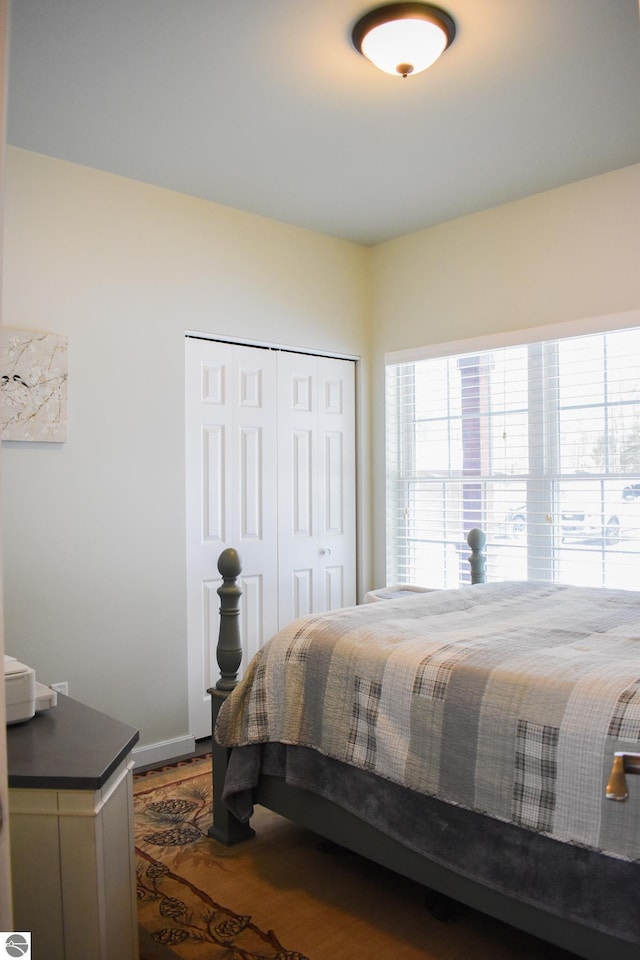 bedroom with wood-type flooring and a closet