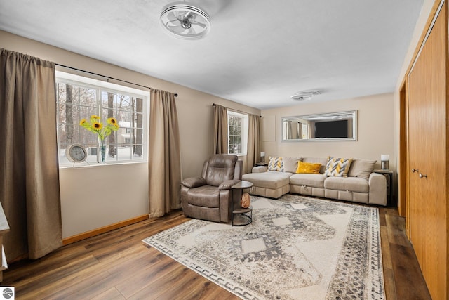 living room with a healthy amount of sunlight and hardwood / wood-style flooring