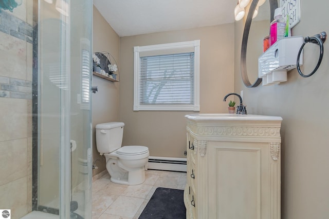 bathroom with a baseboard radiator, an enclosed shower, tile patterned floors, vanity, and toilet