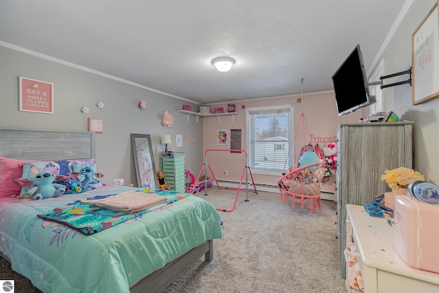 bedroom featuring a baseboard heating unit, ornamental molding, a textured ceiling, and carpet