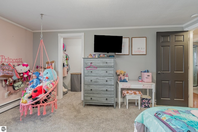 carpeted bedroom featuring baseboard heating and crown molding