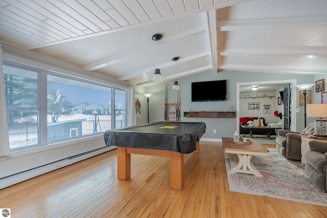 recreation room with baseboard heating, pool table, light hardwood / wood-style flooring, and lofted ceiling with beams