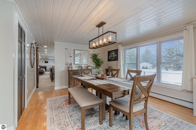 dining space with a baseboard radiator, wood ceiling, ornamental molding, a chandelier, and light wood-type flooring