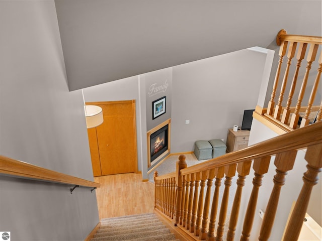 stairway with hardwood / wood-style flooring