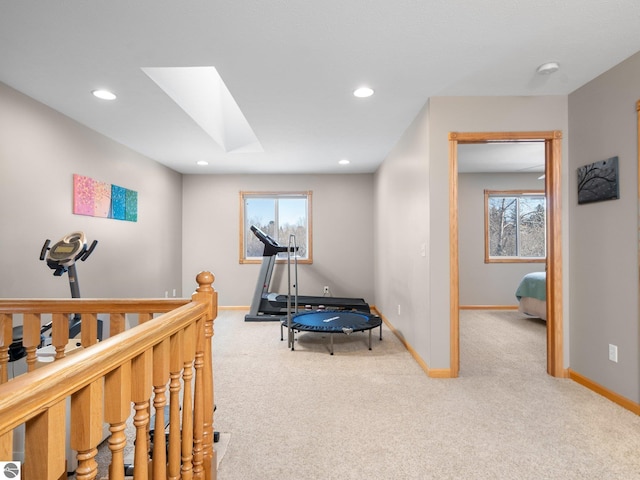 carpeted bedroom with a skylight