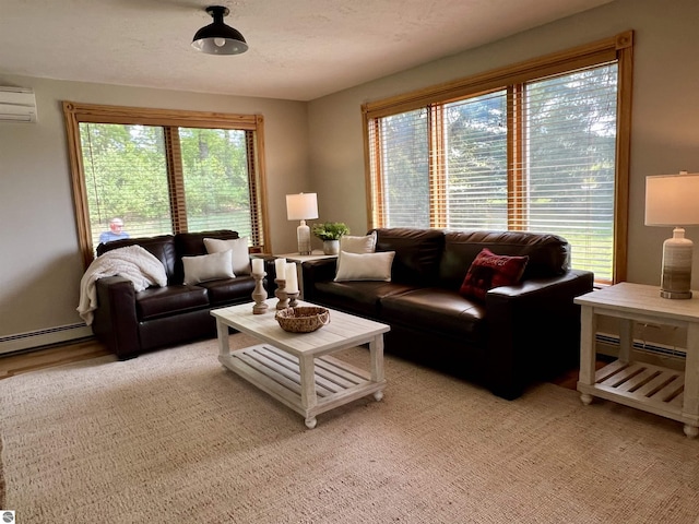 carpeted living room with a wall mounted AC and a baseboard heating unit