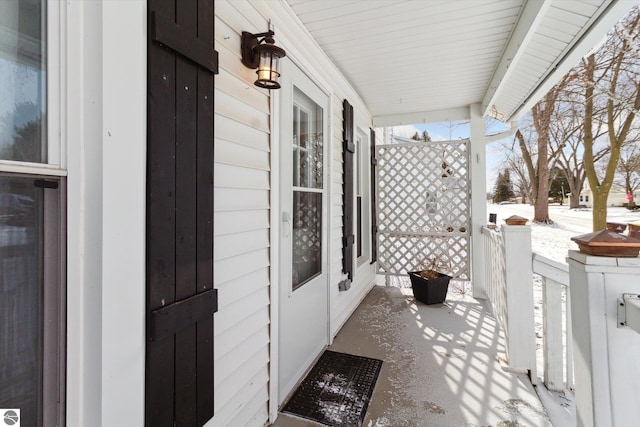 view of snow covered patio