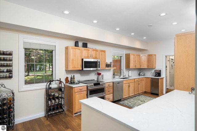 kitchen featuring light brown cabinets, appliances with stainless steel finishes, sink, dark hardwood / wood-style floors, and decorative backsplash