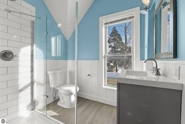 bathroom with vaulted ceiling, a healthy amount of sunlight, tiled shower, and toilet