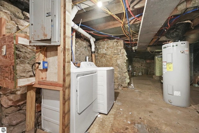 basement with electric panel, independent washer and dryer, and water heater