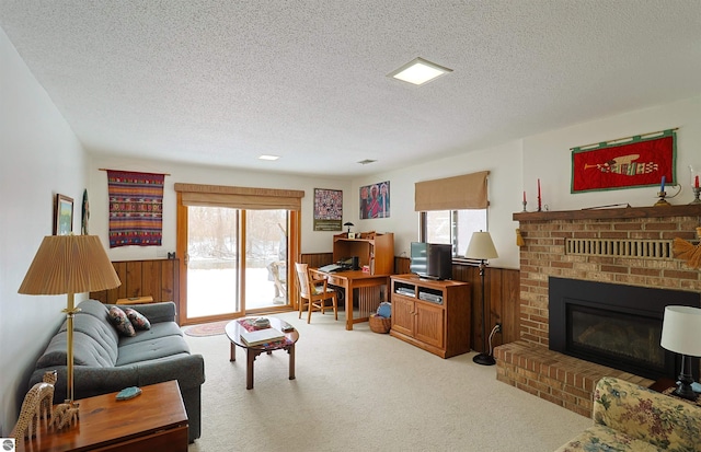 carpeted living room with a textured ceiling, a healthy amount of sunlight, and wooden walls