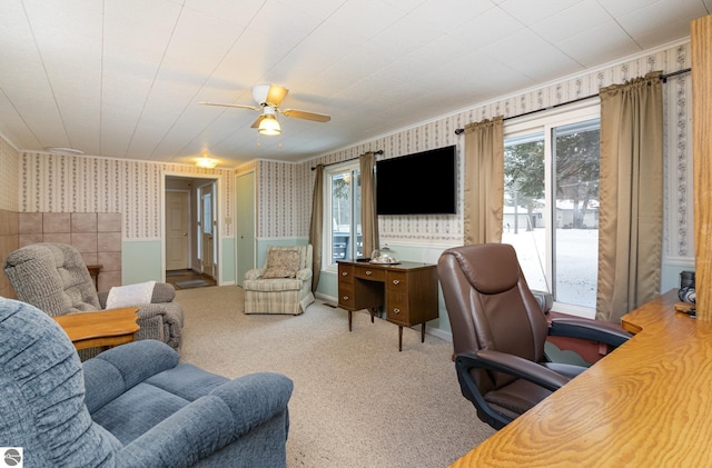 office with ceiling fan and carpet