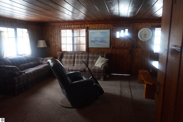 carpeted living room with wooden ceiling and wood walls