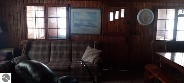 living room with plenty of natural light and wood walls