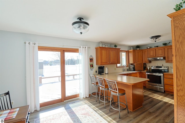 kitchen with sink, kitchen peninsula, dark hardwood / wood-style flooring, stainless steel range with electric cooktop, and a breakfast bar area