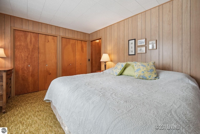 carpeted bedroom featuring multiple closets and wooden walls