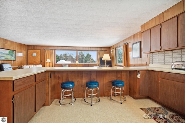 kitchen with kitchen peninsula and wooden walls