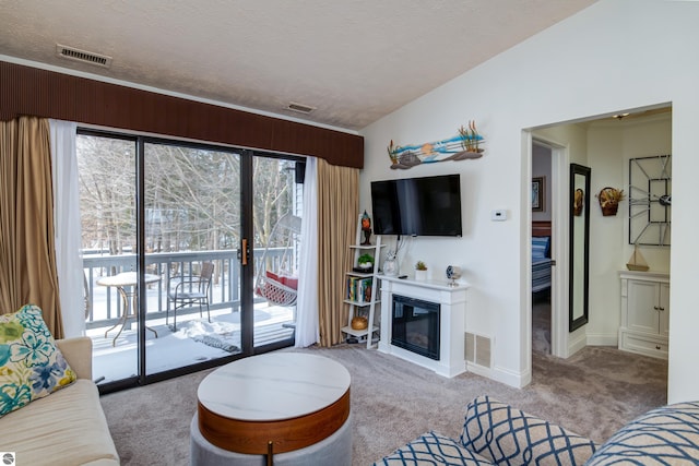 carpeted living room with vaulted ceiling and a textured ceiling