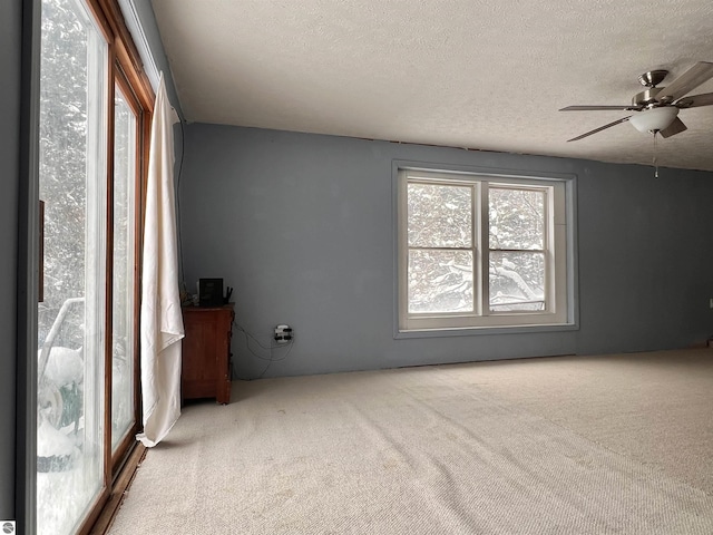 carpeted spare room with ceiling fan and a textured ceiling