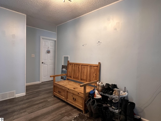 interior space featuring dark hardwood / wood-style floors and a textured ceiling