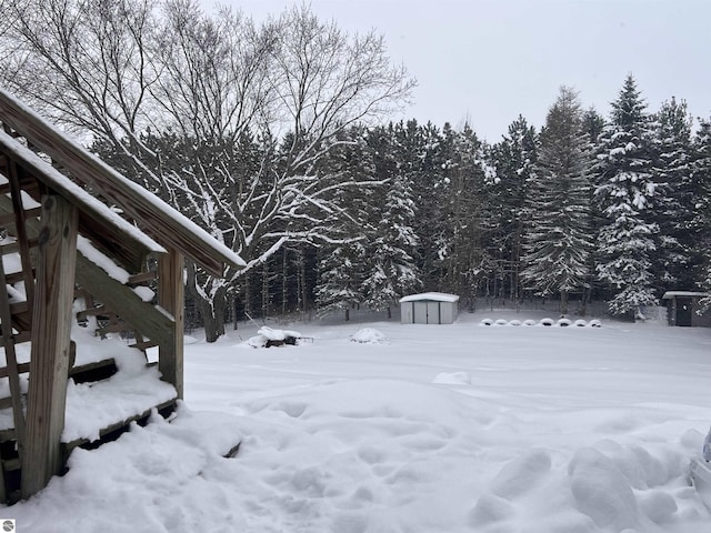 yard covered in snow with a shed