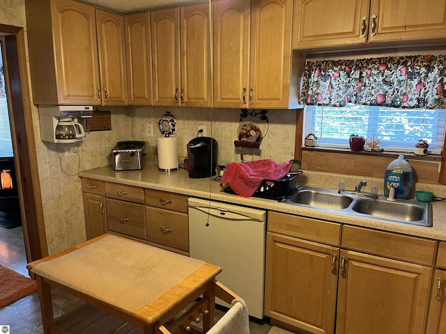 kitchen with white dishwasher, sink, and decorative backsplash