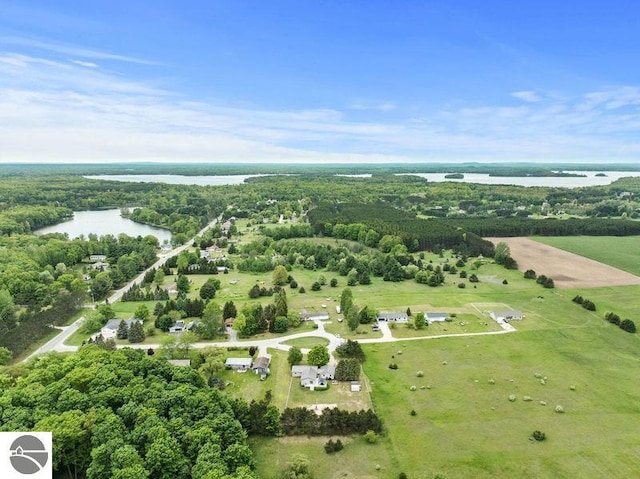 bird's eye view with a water view