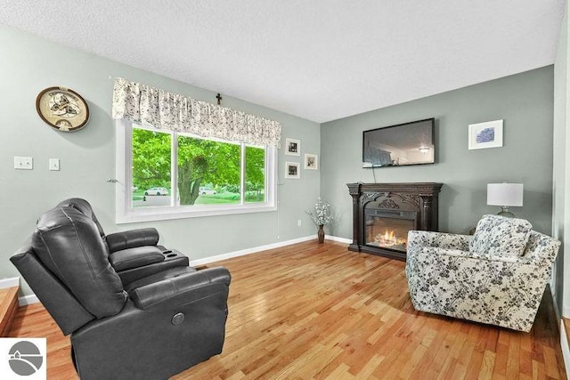 living room featuring hardwood / wood-style flooring and a textured ceiling