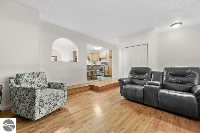 living room with a textured ceiling and light wood-type flooring