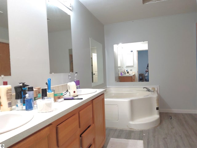 bathroom featuring vanity, a bathtub, and wood-type flooring