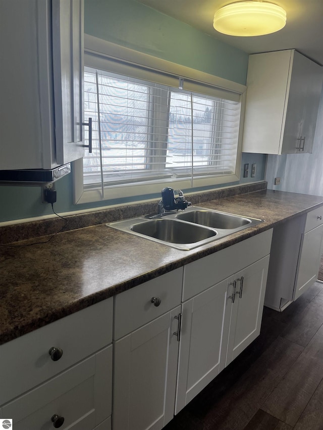 kitchen with dark wood-type flooring, sink, and white cabinets