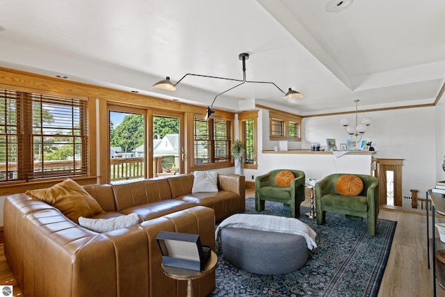 living room with a tray ceiling and hardwood / wood-style flooring