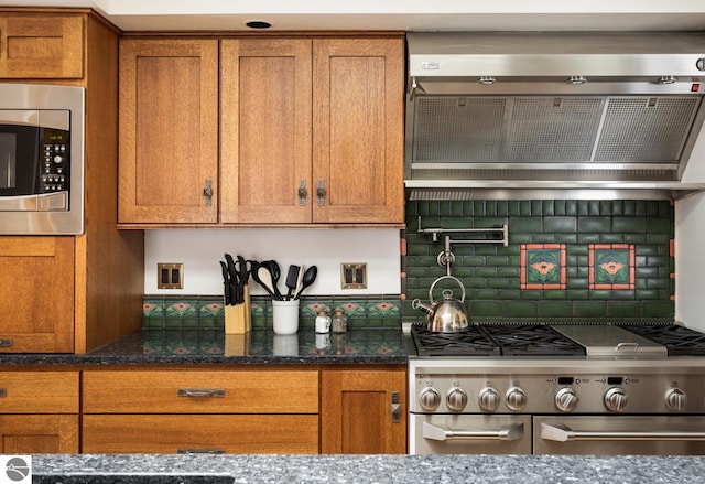 kitchen featuring stainless steel appliances, ventilation hood, and dark stone counters