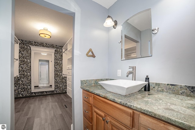 bathroom featuring hardwood / wood-style flooring and vanity