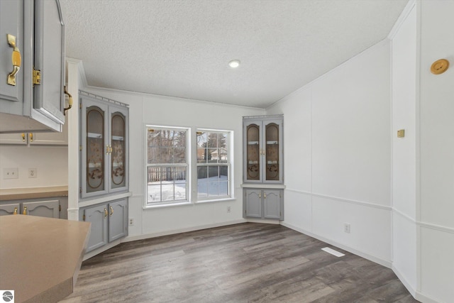 unfurnished dining area featuring crown molding, lofted ceiling, dark hardwood / wood-style floors, and a textured ceiling