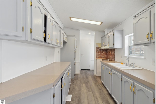 kitchen featuring sink, wood-type flooring, a textured ceiling, ornamental molding, and backsplash