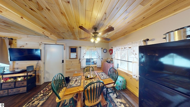 dining room with wooden ceiling, dark hardwood / wood-style floors, and wood walls