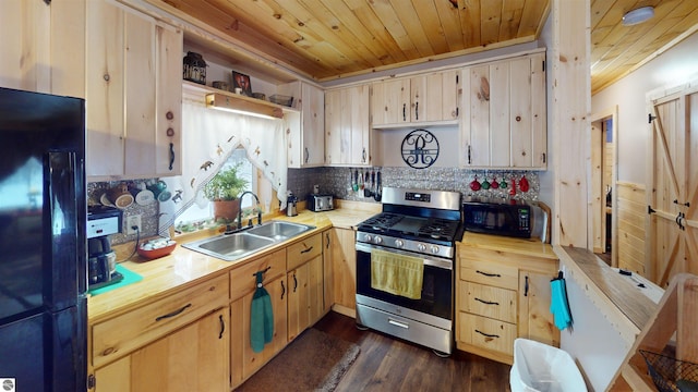 kitchen featuring sink, wood ceiling, dark hardwood / wood-style floors, black appliances, and light brown cabinets