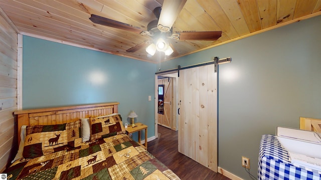 bedroom with dark hardwood / wood-style flooring, a barn door, wooden ceiling, and ceiling fan