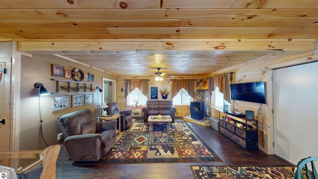 living room with wood ceiling, ceiling fan, and dark hardwood / wood-style flooring