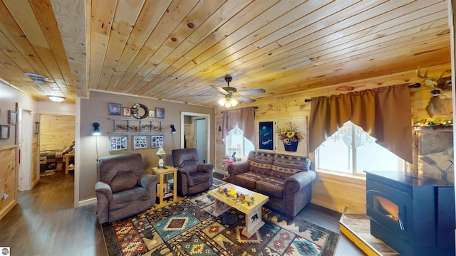 living room featuring wood walls, wood ceiling, a wood stove, hardwood / wood-style flooring, and ceiling fan