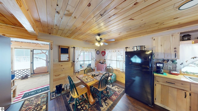 dining area with dark hardwood / wood-style flooring, wooden ceiling, ceiling fan, and wood walls