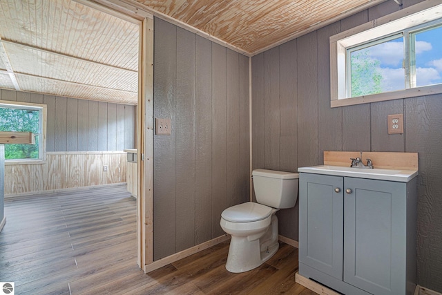 bathroom with wood ceiling, a healthy amount of sunlight, toilet, and vanity