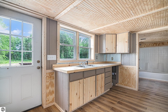 kitchen featuring dark hardwood / wood-style floors, a wealth of natural light, sink, light brown cabinets, and wooden ceiling