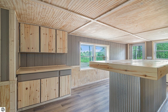 kitchen featuring wood ceiling, butcher block counters, wood walls, light brown cabinets, and light wood-type flooring